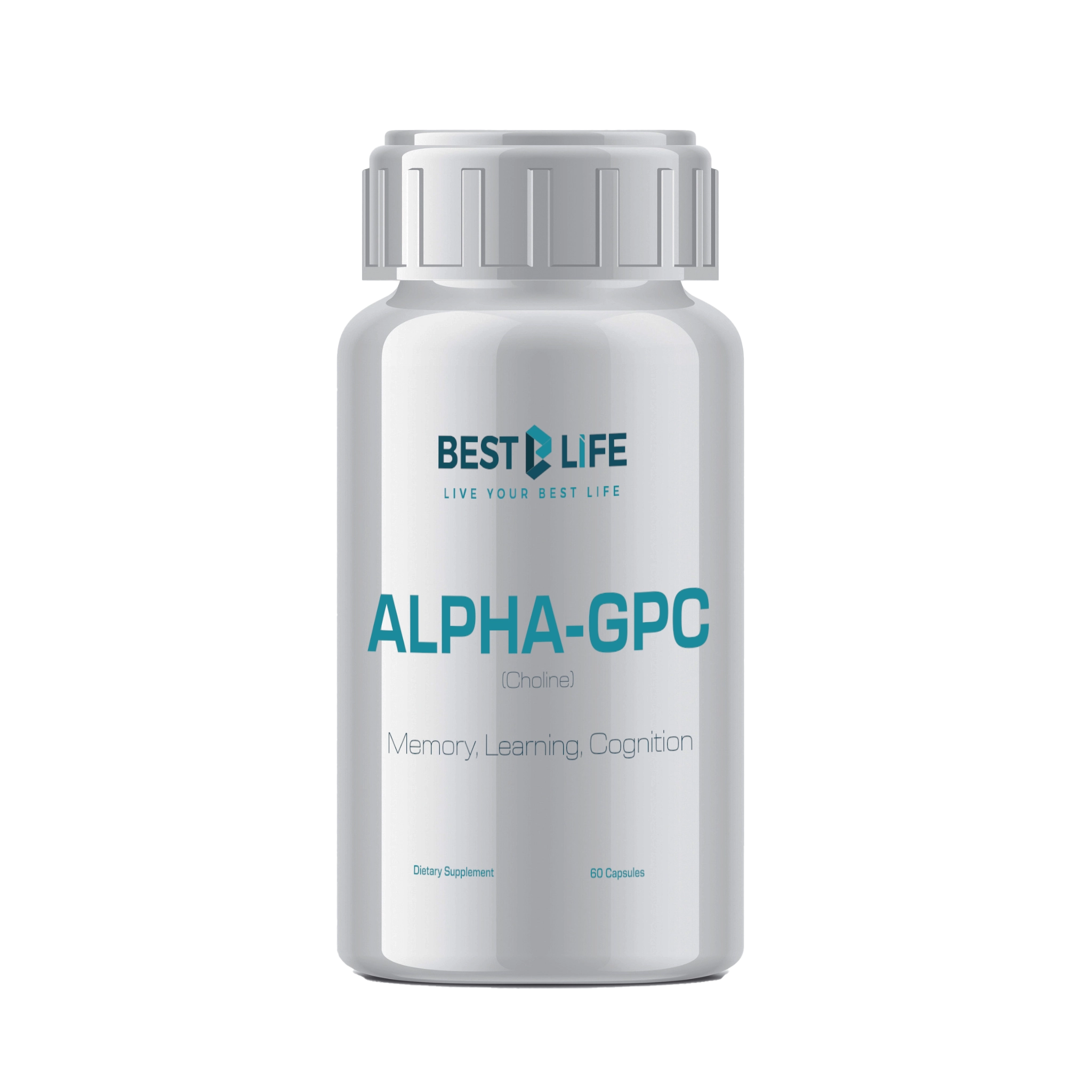 Front view of Alpha GPC bottle – a sleek, modern design with a white and blue label featuring bold text that reads 'Alpha GPC: Premium Cognitive Enhancer.' The label highlights benefits like 'memory, focus, and brain health,' making it ideal for students, professionals, and seniors seeking mental clarity and cognitive support