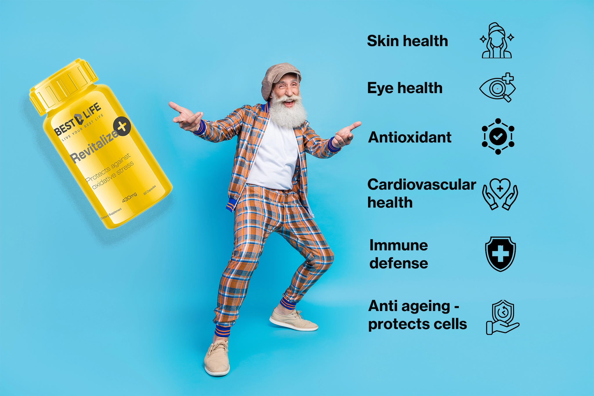 BestlifeNZ Revitalise Plus description of benefits product description – advanced antioxidant formula for longevity, skin health, and vision clarity, tailored for older adults seeking premium wellness solutions.