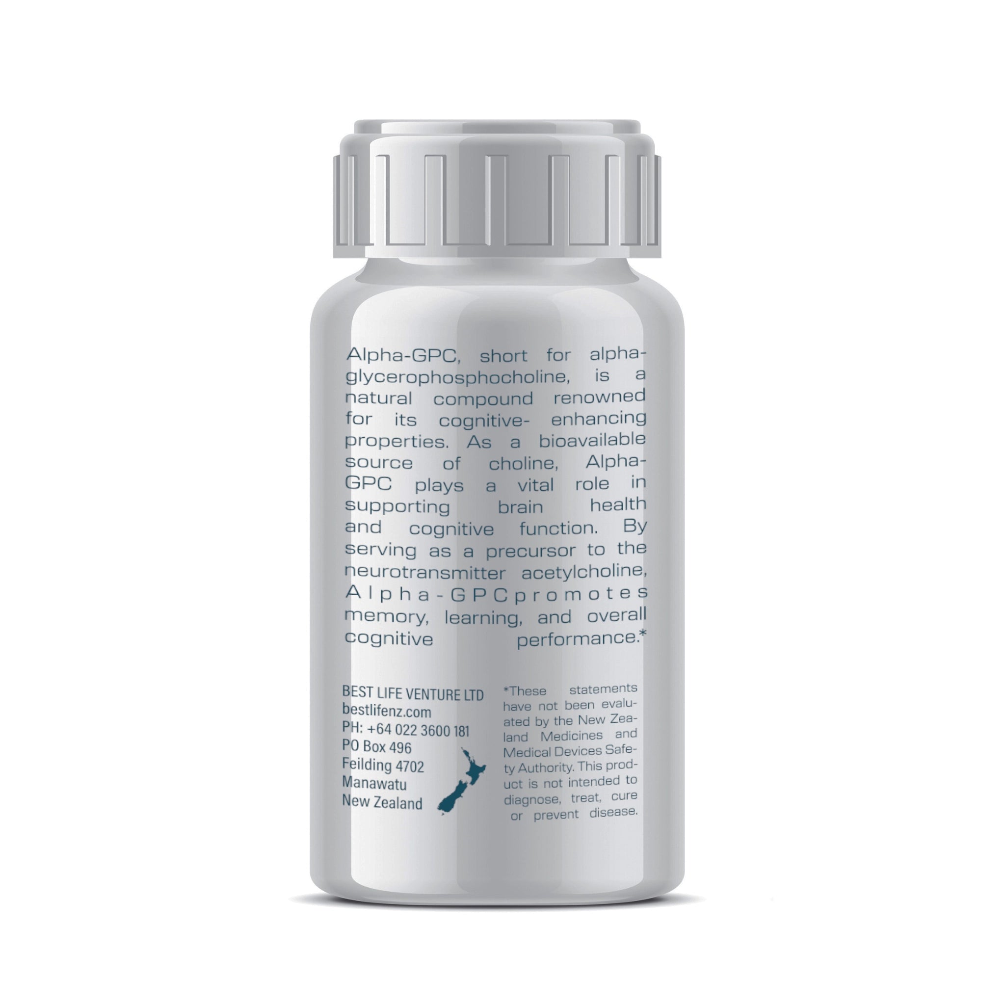 Close-up of Alpha GPC label showing the product description. The text emphasizes benefits like 'enhanced memory, improved focus, and long-term brain health,' making it ideal for students, professionals, and seniors. The description also highlights its role in boosting acetylcholine levels for optimal cognitive function.