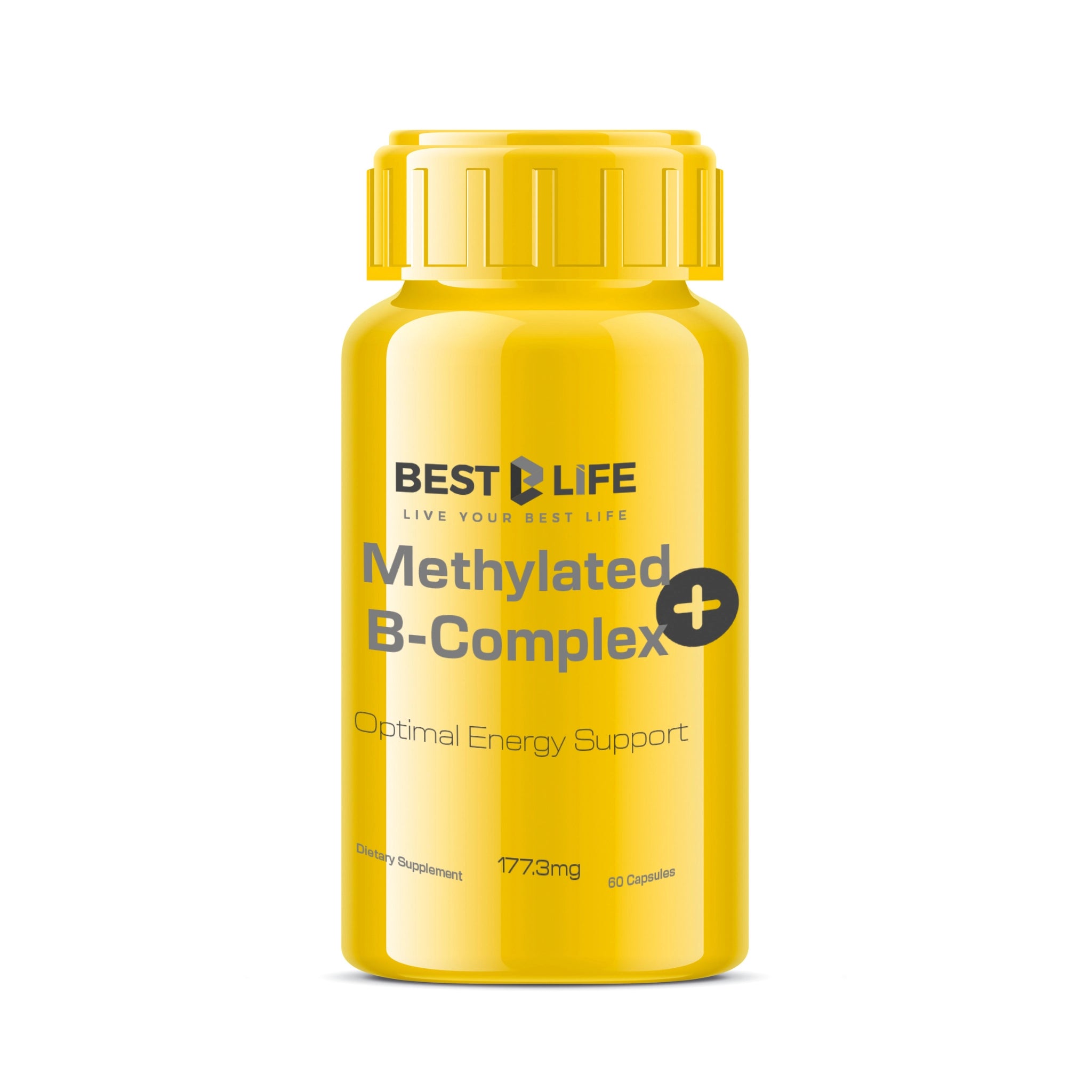 shows front of bottle Premium Methylated B-Complex Supplement Bottle – Vegan, Non-GMO, Gluten-Free – Supports Energy, Mood, and Methylation