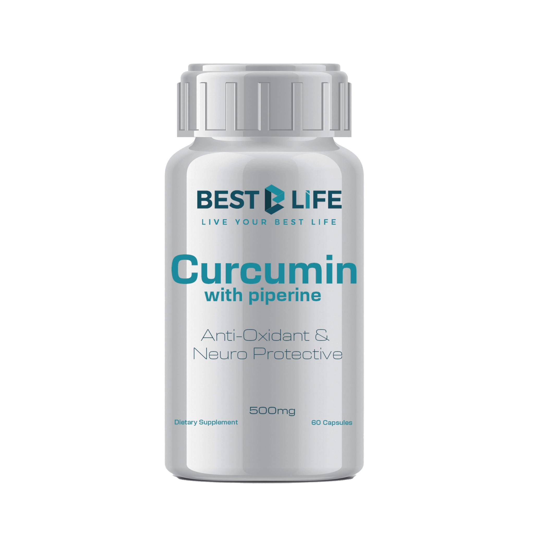 Front of curcumin with piperine supplement bottle.